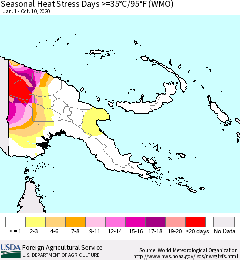 Papua New Guinea Seasonal Heat Stress Days >=35°C/95°F (WMO) Thematic Map For 1/1/2020 - 10/10/2020