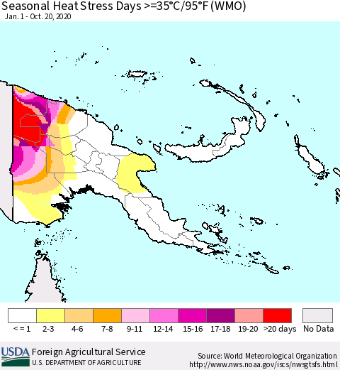 Papua New Guinea Seasonal Heat Stress Days >=35°C/95°F (WMO) Thematic Map For 1/1/2020 - 10/20/2020