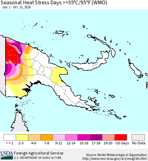 Papua New Guinea Seasonal Heat Stress Days >=35°C/95°F (WMO) Thematic Map For 1/1/2020 - 10/31/2020