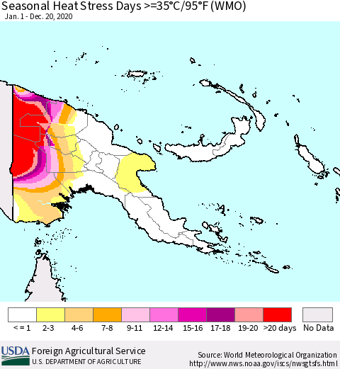 Papua New Guinea Seasonal Heat Stress Days >=35°C/95°F (WMO) Thematic Map For 1/1/2020 - 12/20/2020