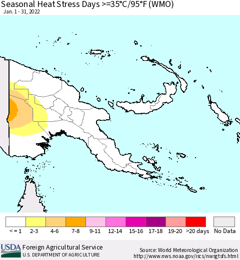 Papua New Guinea Seasonal Heat Stress Days >=35°C/95°F (WMO) Thematic Map For 1/1/2022 - 1/31/2022