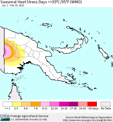 Papua New Guinea Seasonal Heat Stress Days >=35°C/95°F (WMO) Thematic Map For 1/1/2022 - 2/10/2022
