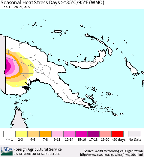 Papua New Guinea Seasonal Heat Stress Days >=35°C/95°F (WMO) Thematic Map For 1/1/2022 - 2/28/2022