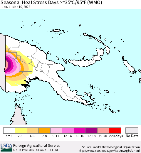 Papua New Guinea Seasonal Heat Stress Days >=35°C/95°F (WMO) Thematic Map For 1/1/2022 - 3/10/2022