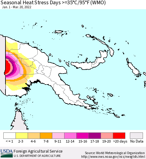 Papua New Guinea Seasonal Heat Stress Days >=35°C/95°F (WMO) Thematic Map For 1/1/2022 - 3/20/2022