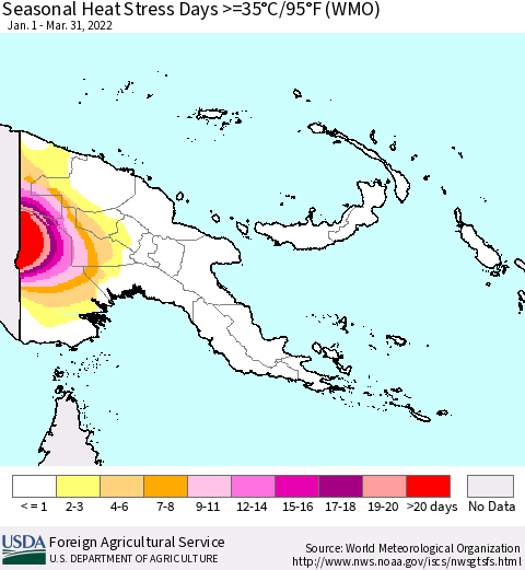 Papua New Guinea Seasonal Heat Stress Days >=35°C/95°F (WMO) Thematic Map For 1/1/2022 - 3/31/2022