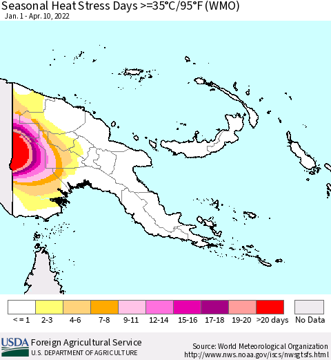 Papua New Guinea Seasonal Heat Stress Days >=35°C/95°F (WMO) Thematic Map For 1/1/2022 - 4/10/2022