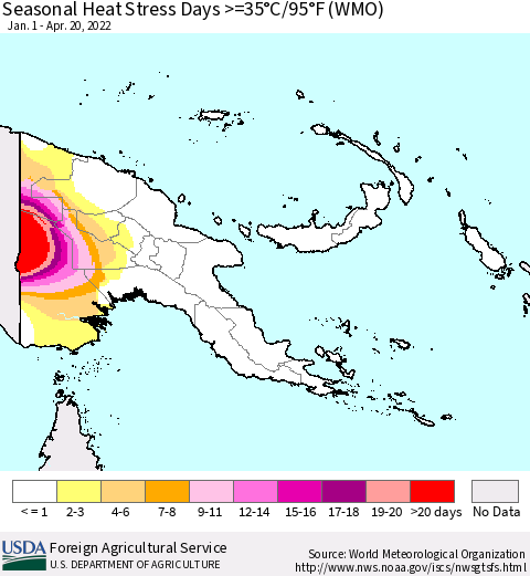 Papua New Guinea Seasonal Heat Stress Days >=35°C/95°F (WMO) Thematic Map For 1/1/2022 - 4/20/2022