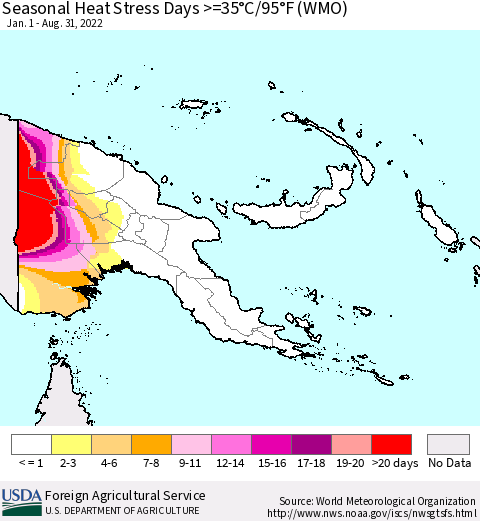 Papua New Guinea Seasonal Heat Stress Days >=35°C/95°F (WMO) Thematic Map For 1/1/2022 - 8/31/2022