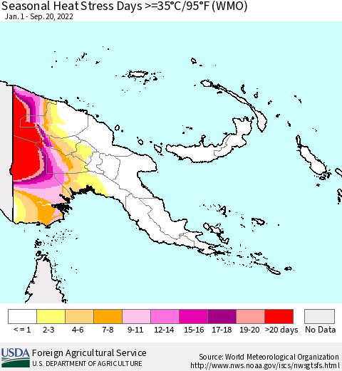 Papua New Guinea Seasonal Heat Stress Days >=35°C/95°F (WMO) Thematic Map For 1/1/2022 - 9/20/2022