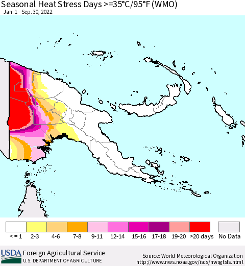 Papua New Guinea Seasonal Heat Stress Days >=35°C/95°F (WMO) Thematic Map For 1/1/2022 - 9/30/2022