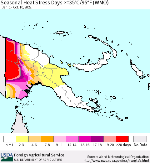 Papua New Guinea Seasonal Heat Stress Days >=35°C/95°F (WMO) Thematic Map For 1/1/2022 - 10/10/2022