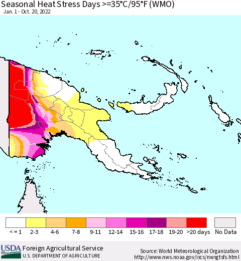 Papua New Guinea Seasonal Heat Stress Days >=35°C/95°F (WMO) Thematic Map For 1/1/2022 - 10/20/2022