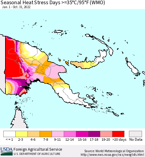 Papua New Guinea Seasonal Heat Stress Days >=35°C/95°F (WMO) Thematic Map For 1/1/2022 - 10/31/2022