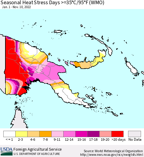 Papua New Guinea Seasonal Heat Stress Days >=35°C/95°F (WMO) Thematic Map For 1/1/2022 - 11/10/2022