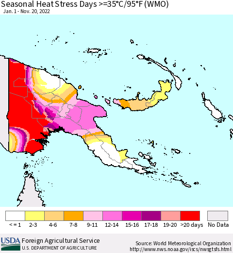 Papua New Guinea Seasonal Heat Stress Days >=35°C/95°F (WMO) Thematic Map For 1/1/2022 - 11/20/2022