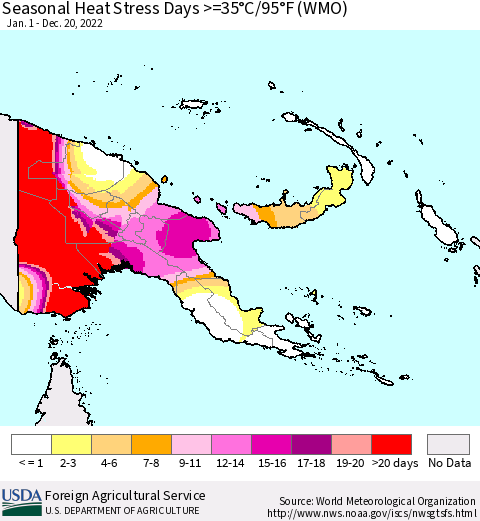 Papua New Guinea Seasonal Heat Stress Days >=35°C/95°F (WMO) Thematic Map For 1/1/2022 - 12/20/2022