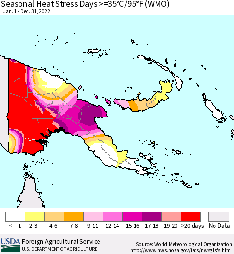 Papua New Guinea Seasonal Heat Stress Days >=35°C/95°F (WMO) Thematic Map For 1/1/2022 - 12/31/2022