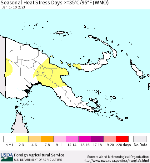 Papua New Guinea Seasonal Heat Stress Days >=35°C/95°F (WMO) Thematic Map For 1/1/2023 - 1/10/2023