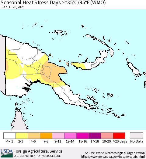Papua New Guinea Seasonal Heat Stress Days >=35°C/95°F (WMO) Thematic Map For 1/1/2023 - 1/20/2023