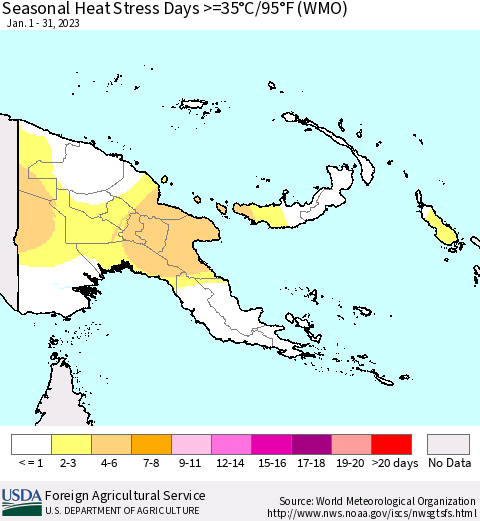 Papua New Guinea Seasonal Heat Stress Days >=35°C/95°F (WMO) Thematic Map For 1/1/2023 - 1/31/2023
