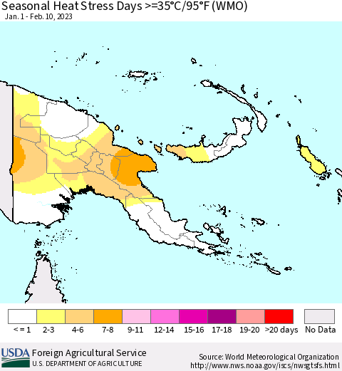 Papua New Guinea Seasonal Heat Stress Days >=35°C/95°F (WMO) Thematic Map For 1/1/2023 - 2/10/2023