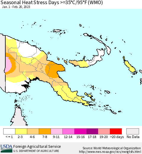 Papua New Guinea Seasonal Heat Stress Days >=35°C/95°F (WMO) Thematic Map For 1/1/2023 - 2/20/2023