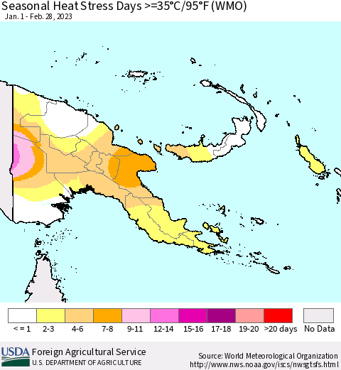 Papua New Guinea Seasonal Heat Stress Days >=35°C/95°F (WMO) Thematic Map For 1/1/2023 - 2/28/2023