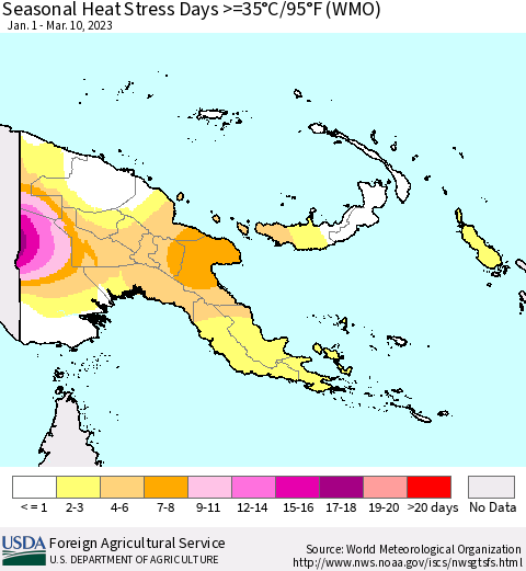 Papua New Guinea Seasonal Heat Stress Days >=35°C/95°F (WMO) Thematic Map For 1/1/2023 - 3/10/2023