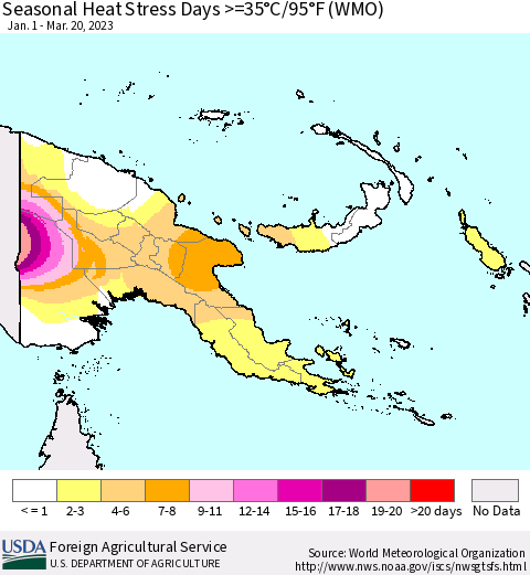Papua New Guinea Seasonal Heat Stress Days >=35°C/95°F (WMO) Thematic Map For 1/1/2023 - 3/20/2023
