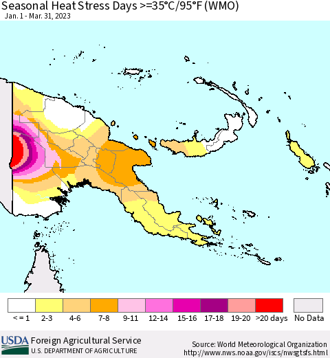 Papua New Guinea Seasonal Heat Stress Days >=35°C/95°F (WMO) Thematic Map For 1/1/2023 - 3/31/2023