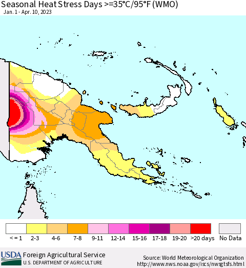 Papua New Guinea Seasonal Heat Stress Days >=35°C/95°F (WMO) Thematic Map For 1/1/2023 - 4/10/2023