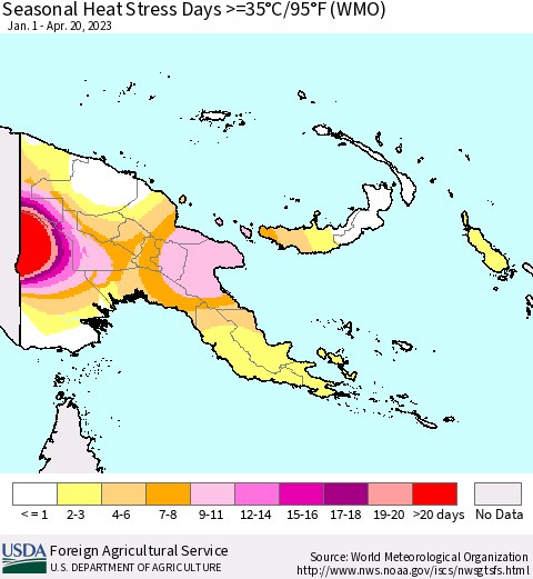 Papua New Guinea Seasonal Heat Stress Days >=35°C/95°F (WMO) Thematic Map For 1/1/2023 - 4/20/2023