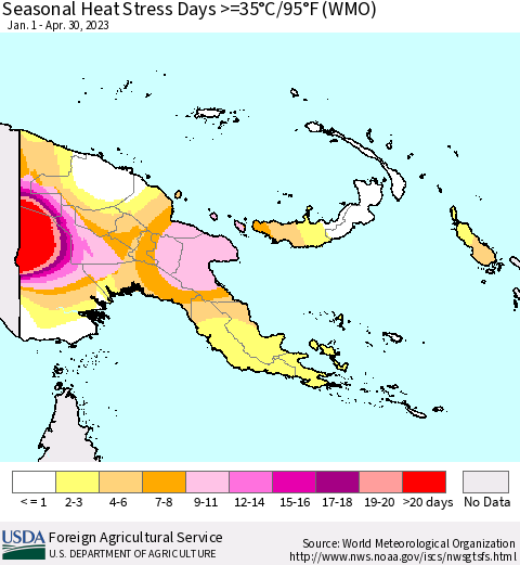 Papua New Guinea Seasonal Heat Stress Days >=35°C/95°F (WMO) Thematic Map For 1/1/2023 - 4/30/2023