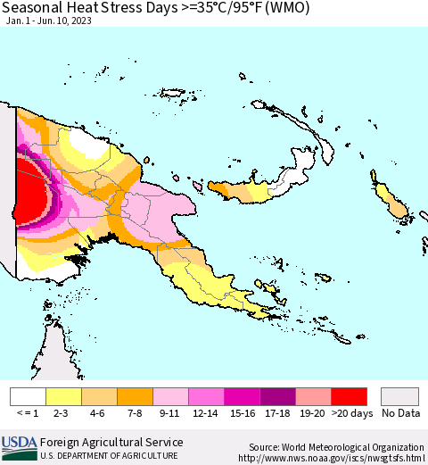 Papua New Guinea Seasonal Heat Stress Days >=35°C/95°F (WMO) Thematic Map For 1/1/2023 - 6/10/2023