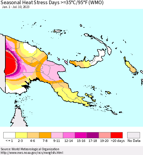 Papua New Guinea Seasonal Heat Stress Days >=35°C/95°F (WMO) Thematic Map For 1/1/2023 - 7/10/2023