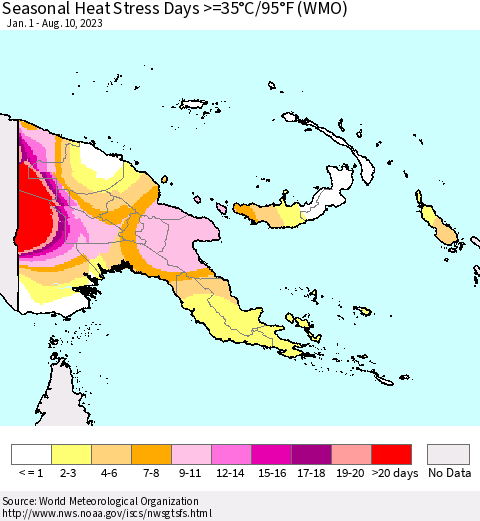 Papua New Guinea Seasonal Heat Stress Days >=35°C/95°F (WMO) Thematic Map For 1/1/2023 - 8/10/2023
