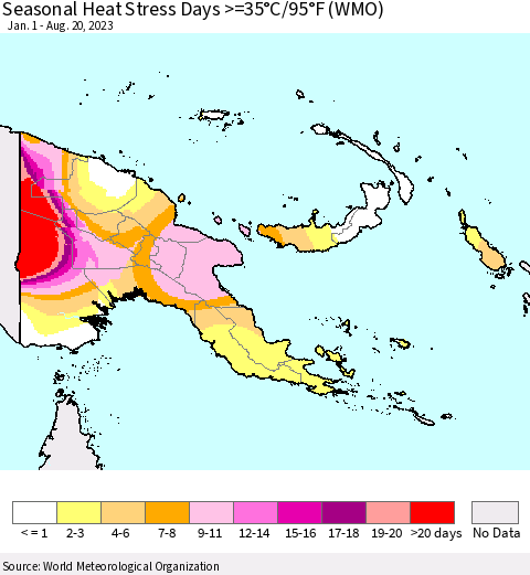 Papua New Guinea Seasonal Heat Stress Days >=35°C/95°F (WMO) Thematic Map For 1/1/2023 - 8/20/2023