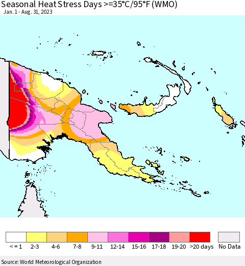 Papua New Guinea Seasonal Heat Stress Days >=35°C/95°F (WMO) Thematic Map For 1/1/2023 - 8/31/2023