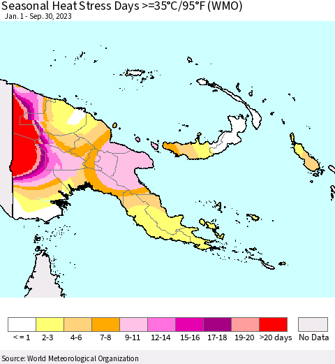 Papua New Guinea Seasonal Heat Stress Days >=35°C/95°F (WMO) Thematic Map For 1/1/2023 - 9/30/2023