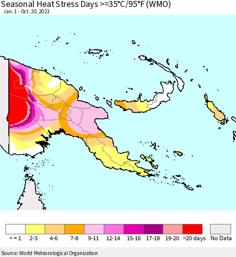 Papua New Guinea Seasonal Heat Stress Days >=35°C/95°F (WMO) Thematic Map For 1/1/2023 - 10/20/2023