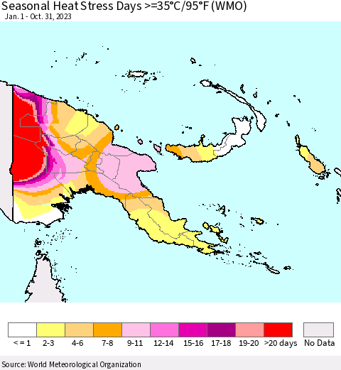 Papua New Guinea Seasonal Heat Stress Days >=35°C/95°F (WMO) Thematic Map For 1/1/2023 - 10/31/2023