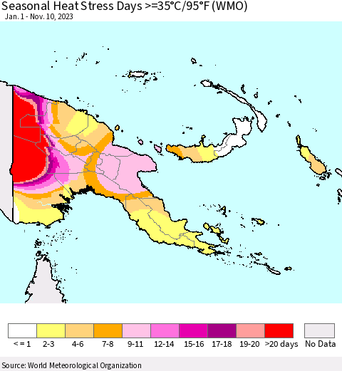 Papua New Guinea Seasonal Heat Stress Days >=35°C/95°F (WMO) Thematic Map For 1/1/2023 - 11/10/2023