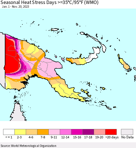 Papua New Guinea Seasonal Heat Stress Days >=35°C/95°F (WMO) Thematic Map For 1/1/2023 - 11/20/2023