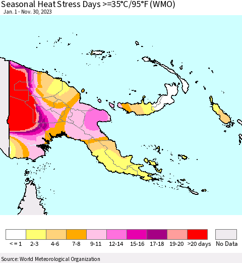 Papua New Guinea Seasonal Heat Stress Days >=35°C/95°F (WMO) Thematic Map For 1/1/2023 - 11/30/2023
