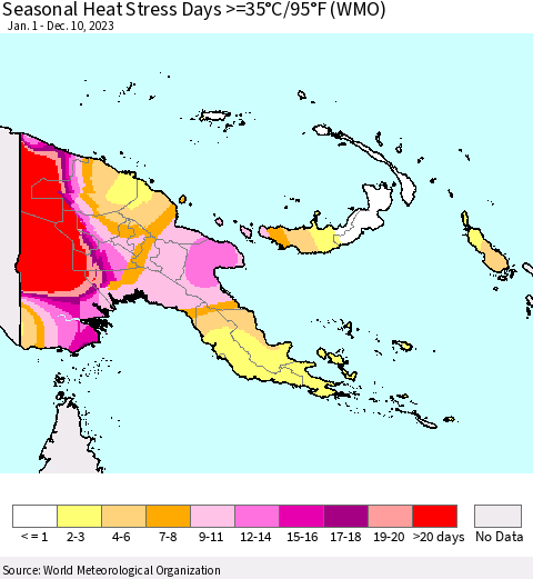 Papua New Guinea Seasonal Heat Stress Days >=35°C/95°F (WMO) Thematic Map For 1/1/2023 - 12/10/2023