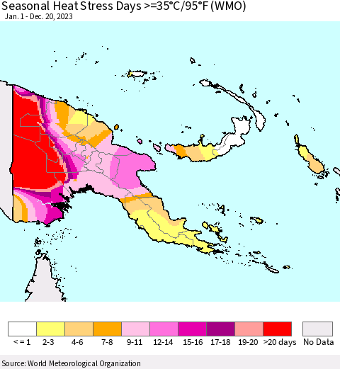 Papua New Guinea Seasonal Heat Stress Days >=35°C/95°F (WMO) Thematic Map For 1/1/2023 - 12/20/2023