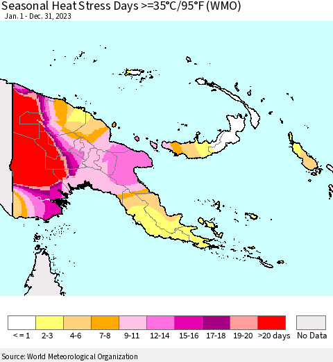 Papua New Guinea Seasonal Heat Stress Days >=35°C/95°F (WMO) Thematic Map For 1/1/2023 - 12/31/2023