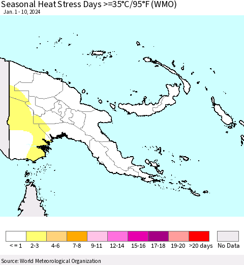 Papua New Guinea Seasonal Heat Stress Days >=35°C/95°F (WMO) Thematic Map For 1/1/2024 - 1/10/2024