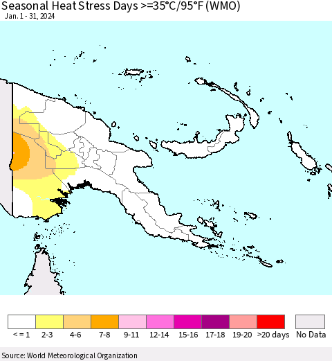 Papua New Guinea Seasonal Heat Stress Days >=35°C/95°F (WMO) Thematic Map For 1/1/2024 - 1/31/2024
